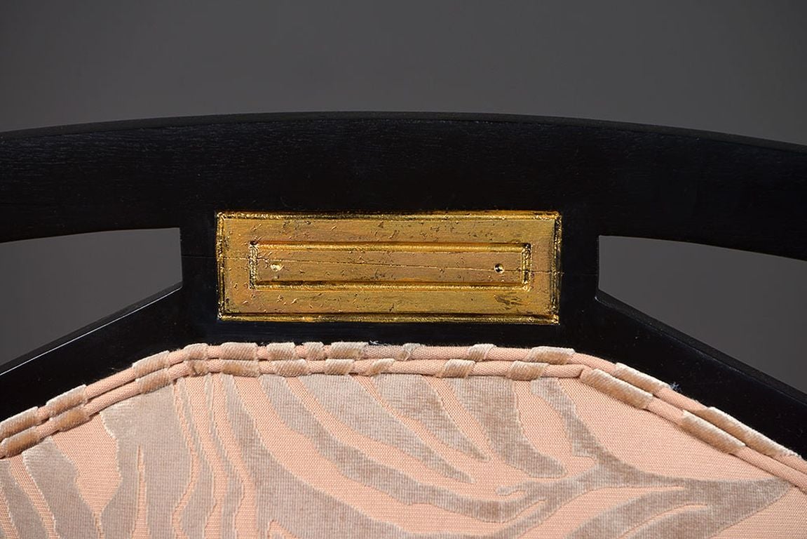 Pair of Viennese Arm Chairs in Black Finish with Gilt Accents and Tiger Upholstery, circa 1930s