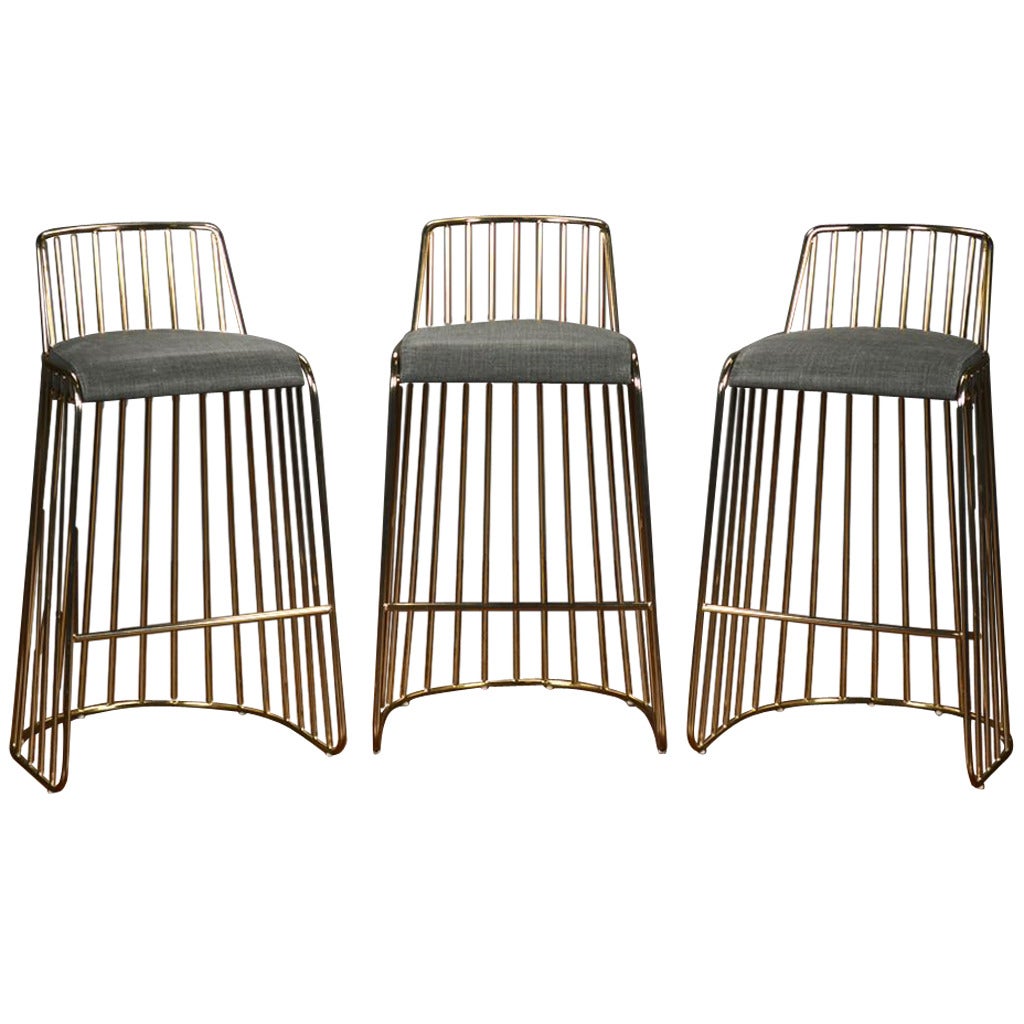 Vintage Set of Three Cage Bronze Barstools For Sale