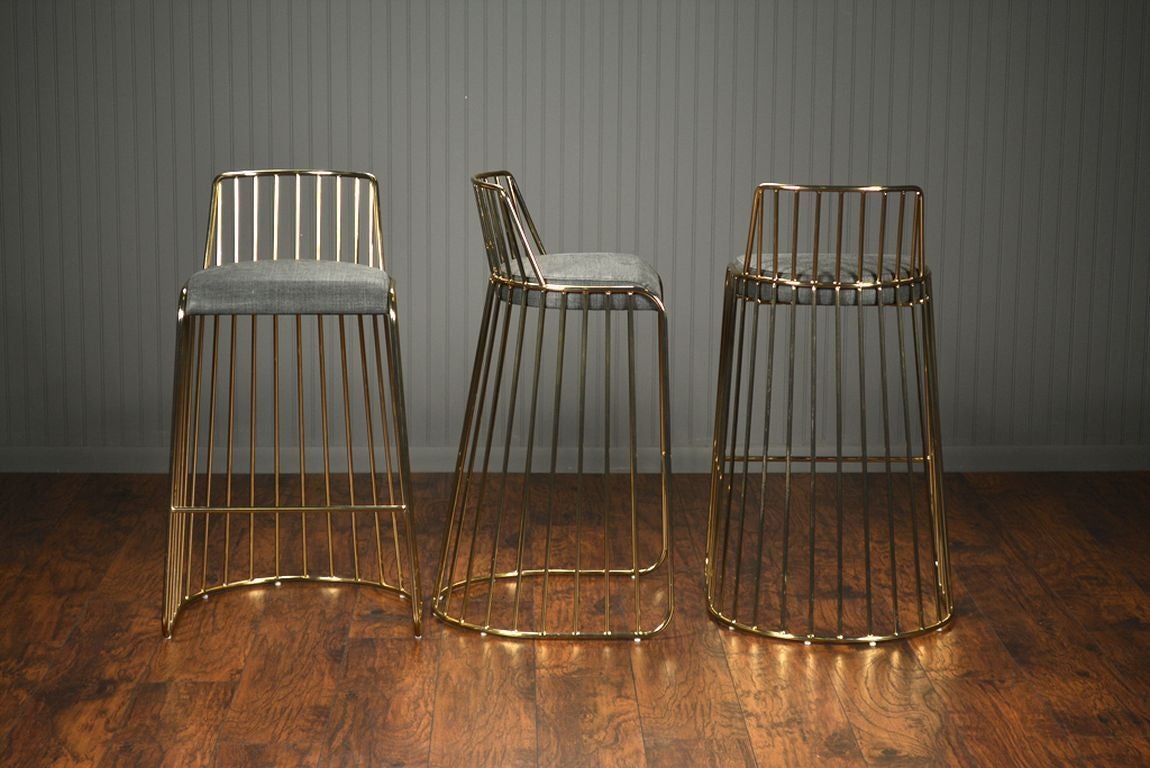 Vintage Set of Three Cage Bronze Barstools
Upholstered in Great Plains Linen