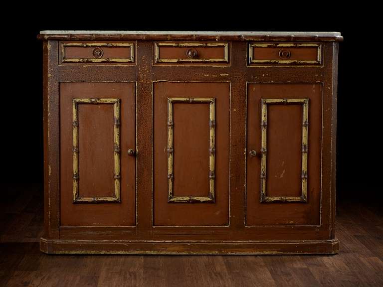 Antique Painted Narrow Buffet with Bamboo Motif, Marble Top, 2 Lower Doors, and 3 Upper Drawers