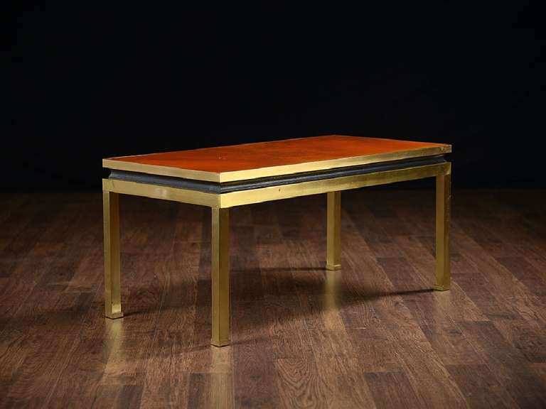 Vintage Rectangular Brass Coffee Table with Unusual Orange Lacquered Top, Mottled with Gold Elements