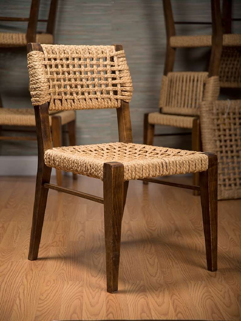 Country Set of Six Vintage Wood and Rope Dining Chairs