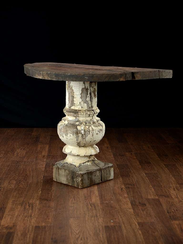Pair of Antique Demi Lunes, White Crusty Column Base with Rustic Top