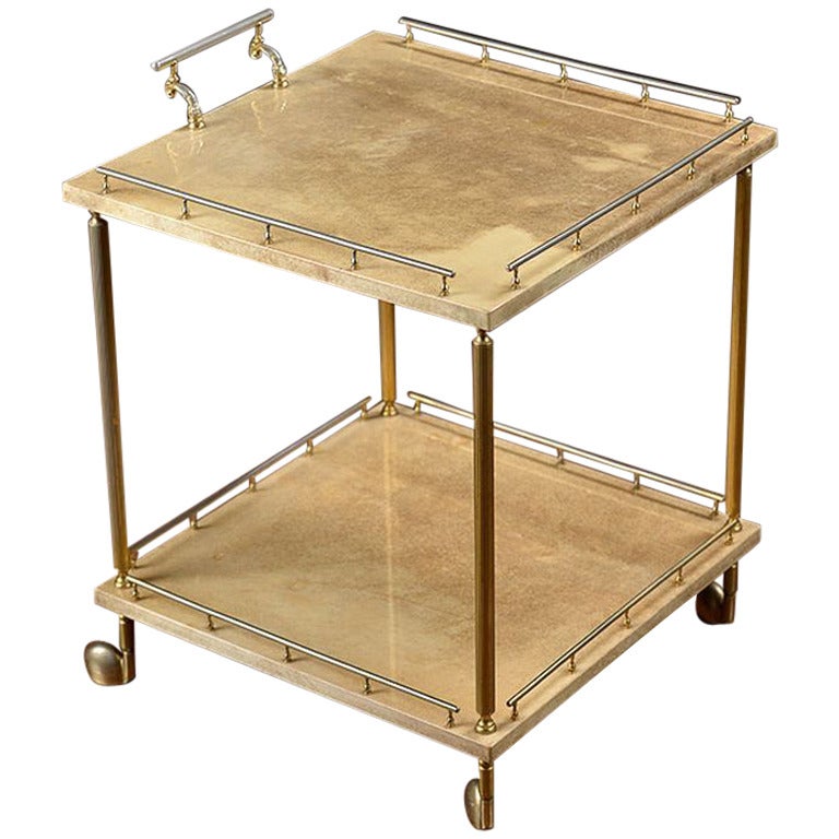 Vintage French Parchment and Brass Bar Cart For Sale