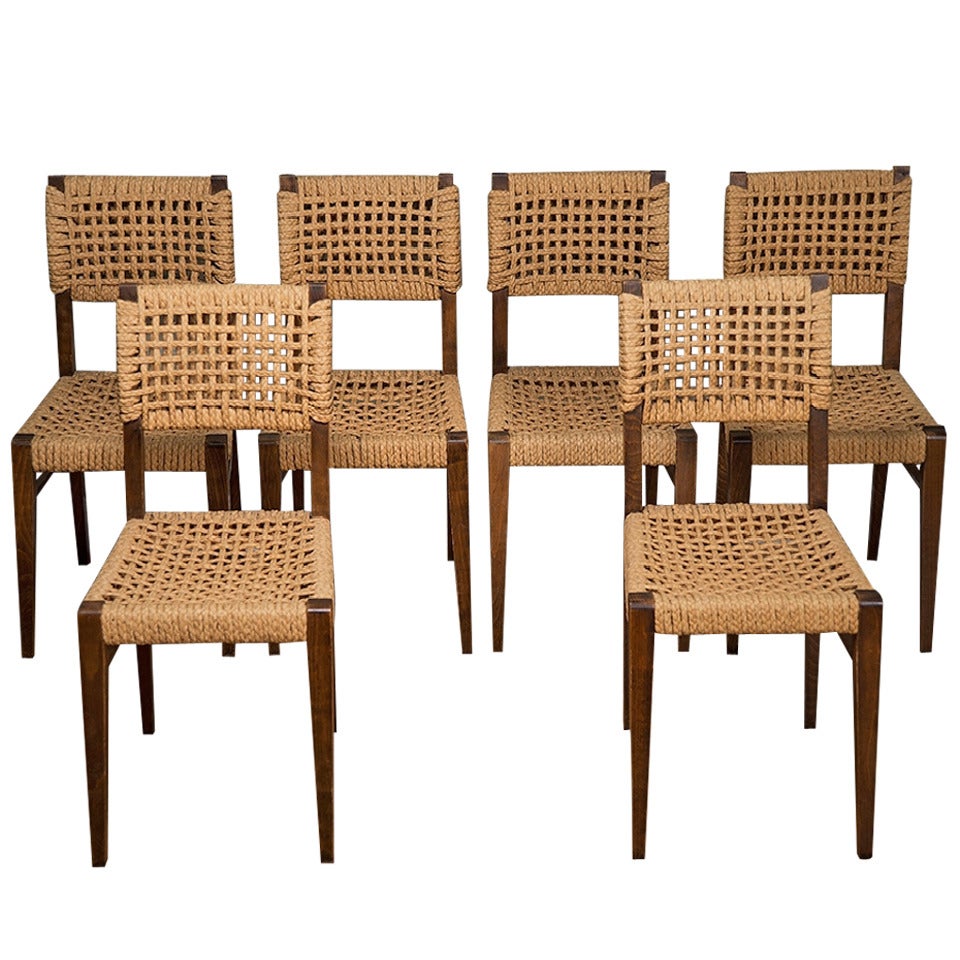 Set of Six Vintage Wood and Rope Dining Chairs