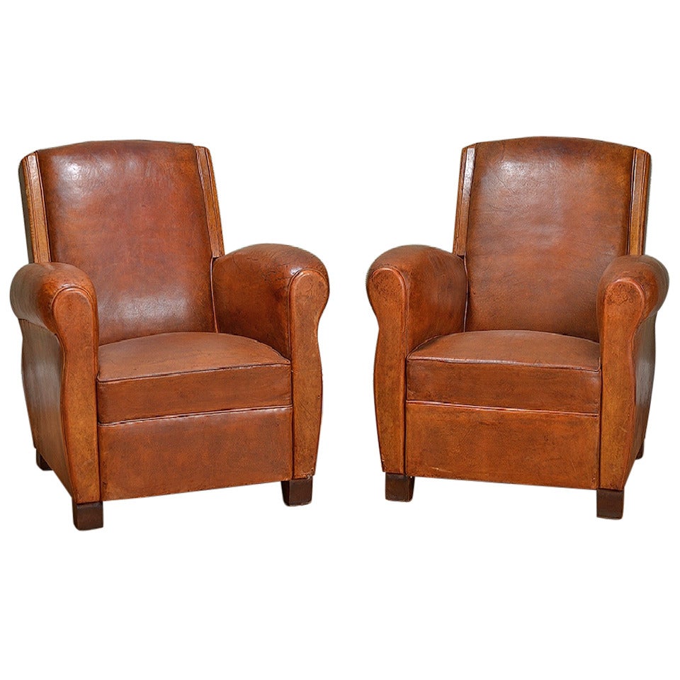 Vintage French Pair of Leather Two Tone Brown Club Chairs