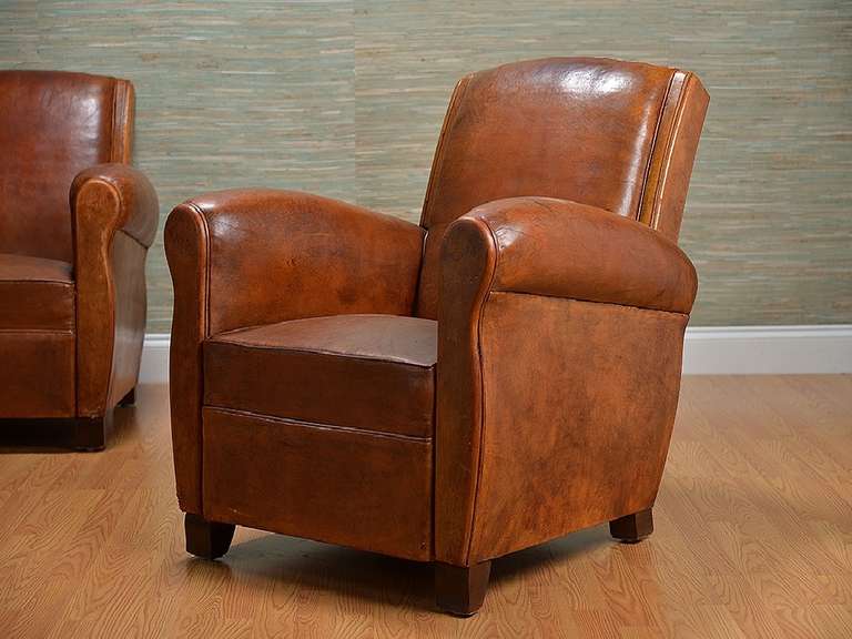 French Pair of Leather Two Tone Brown Club Chairs with Sloped Back