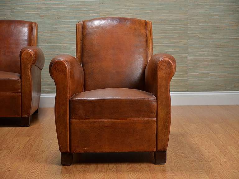 Rustic Vintage French Pair of Leather Two Tone Brown Club Chairs