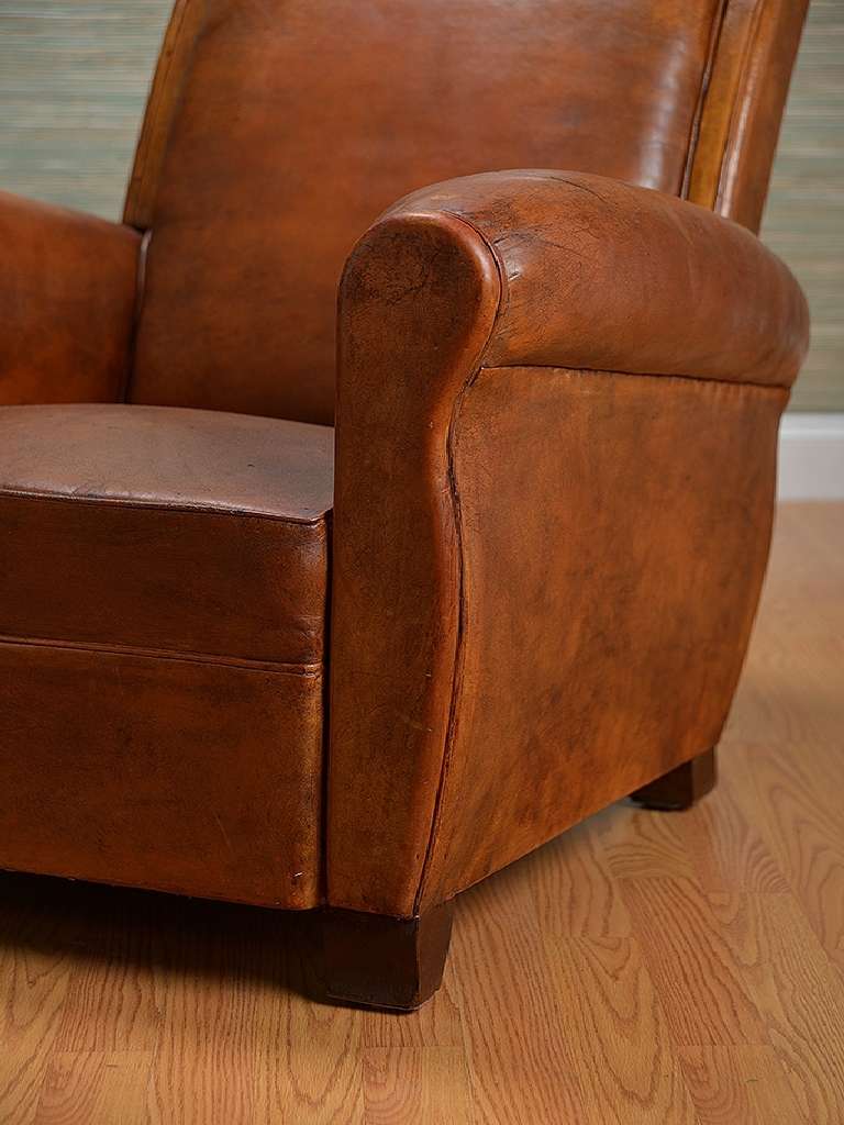 Mid-20th Century Vintage French Pair of Leather Two Tone Brown Club Chairs