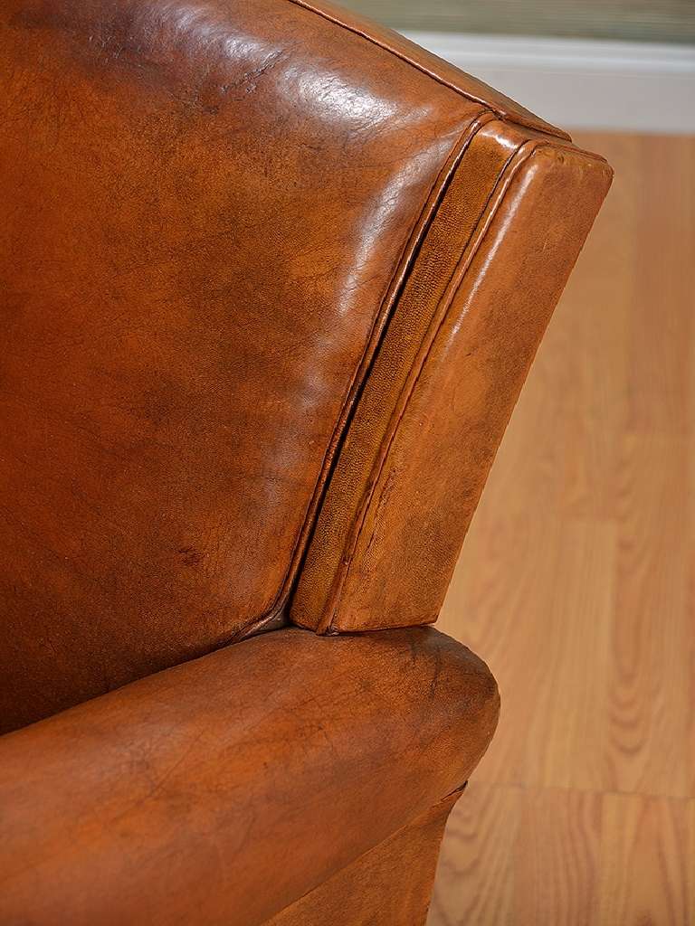Vintage French Pair of Leather Two Tone Brown Club Chairs 1