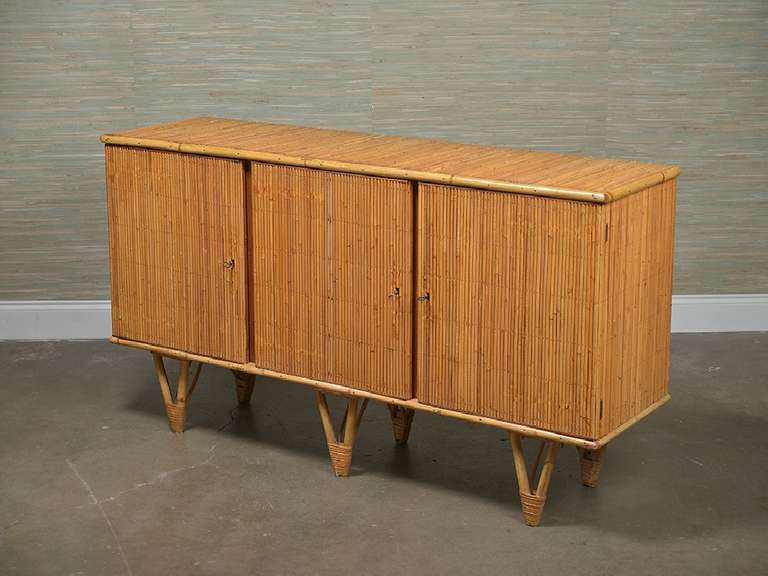 Vintage Reeded Bamboo Buffet with Three Doors, Keyed Locks and Interior Shelf