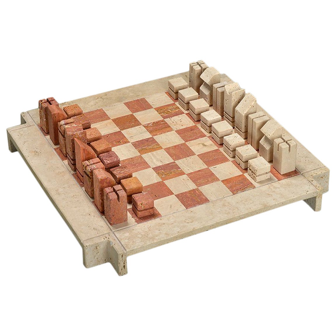 Vintage French Travertine 33-Piece Chess Set For Sale
