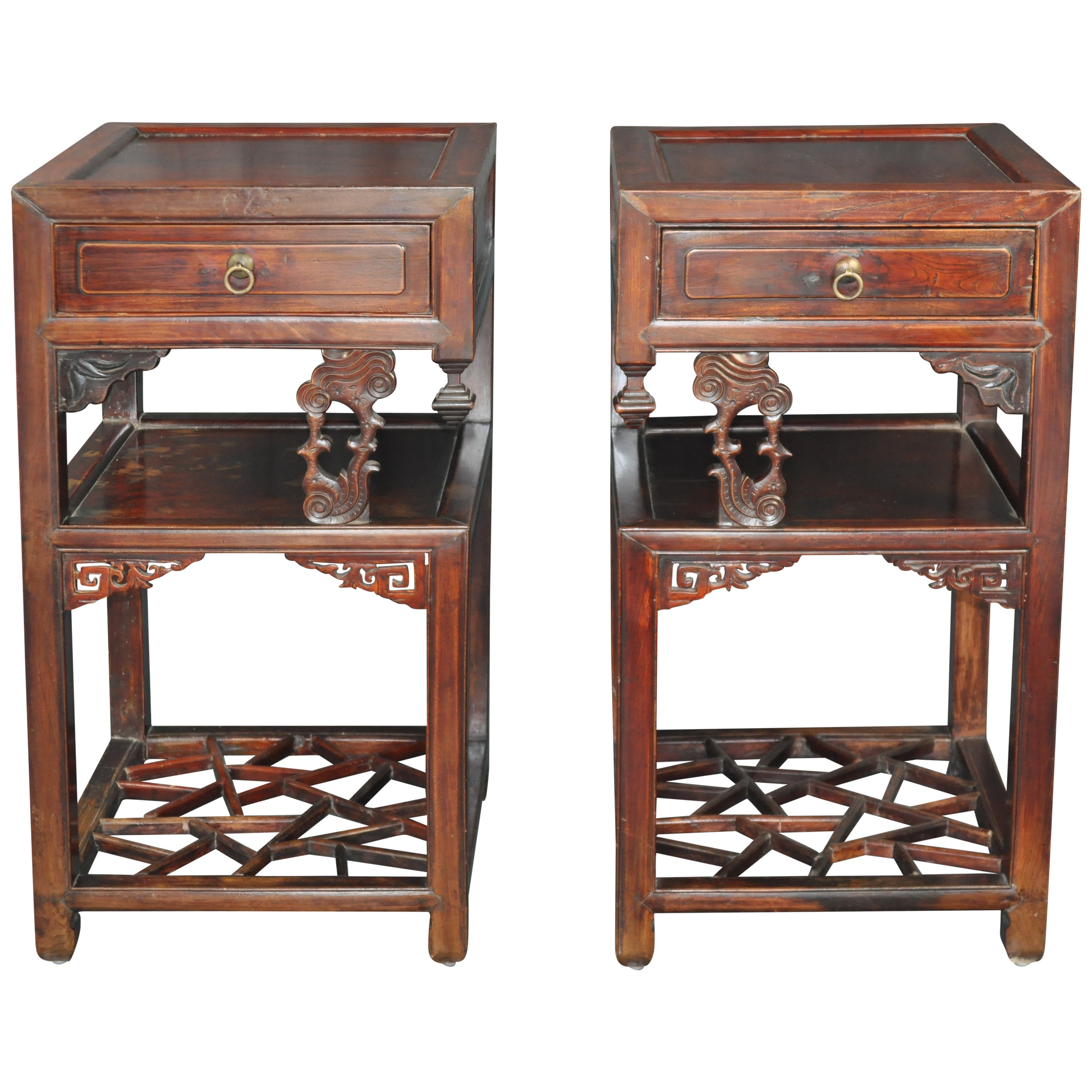 Pair of Antique Chinese Carved Wood Tea Tables For Sale