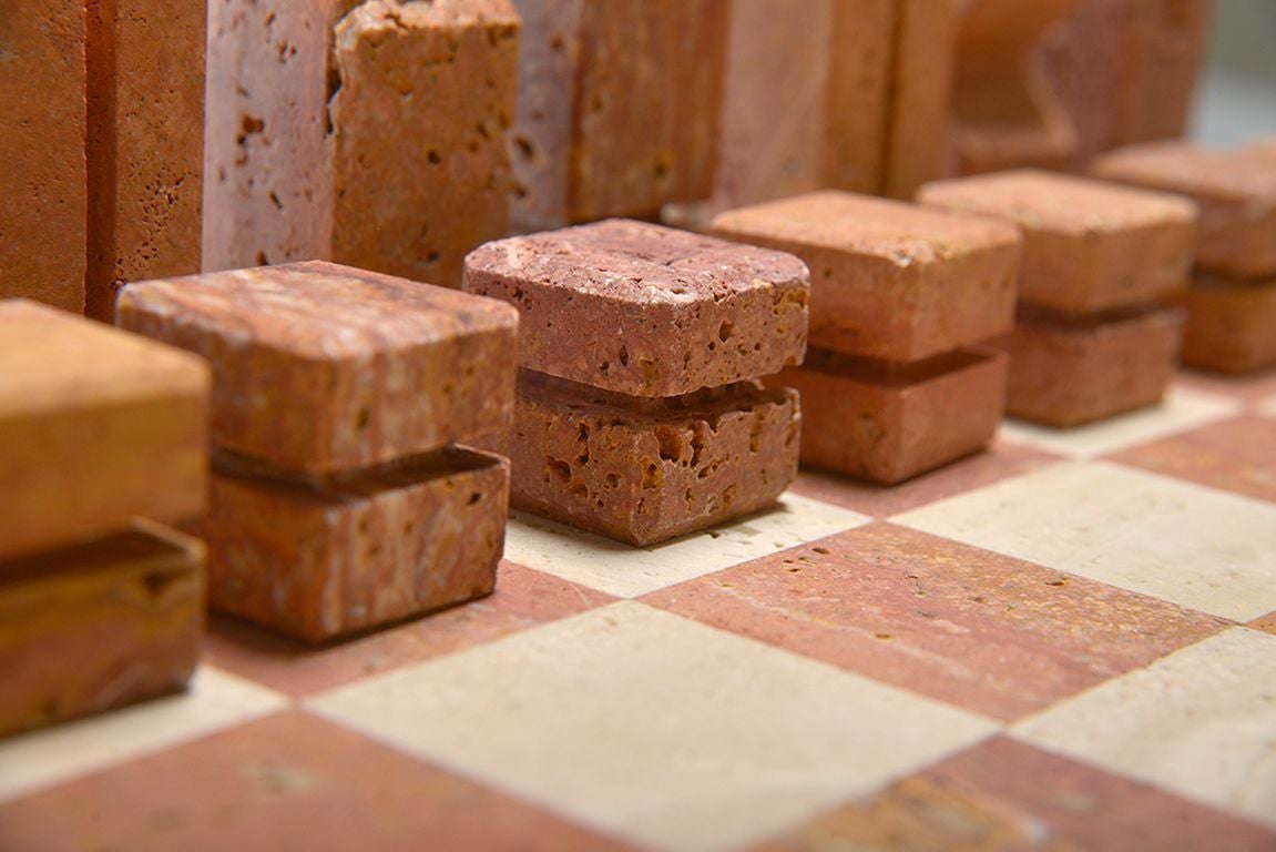 Late 20th Century Vintage French Travertine 33-Piece Chess Set For Sale