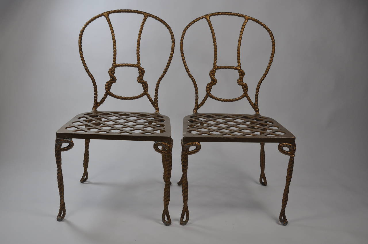 Pair of Unusual Vintage Faux Rope Metal Chairs with Cross Hatched Seat
Suggest Having Outdoor Cushions Made for Outdoor Use