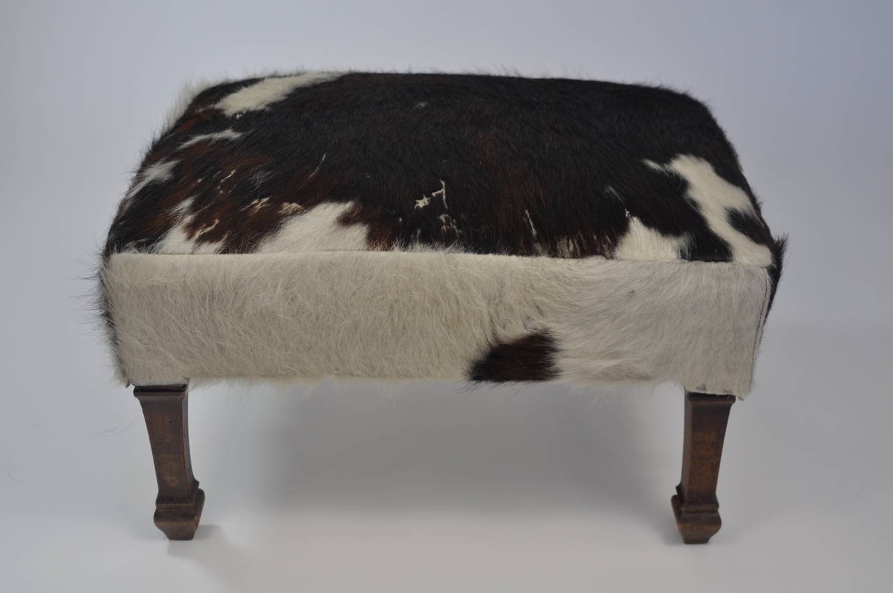 Antique French Cowhide Stool with Wood Legs