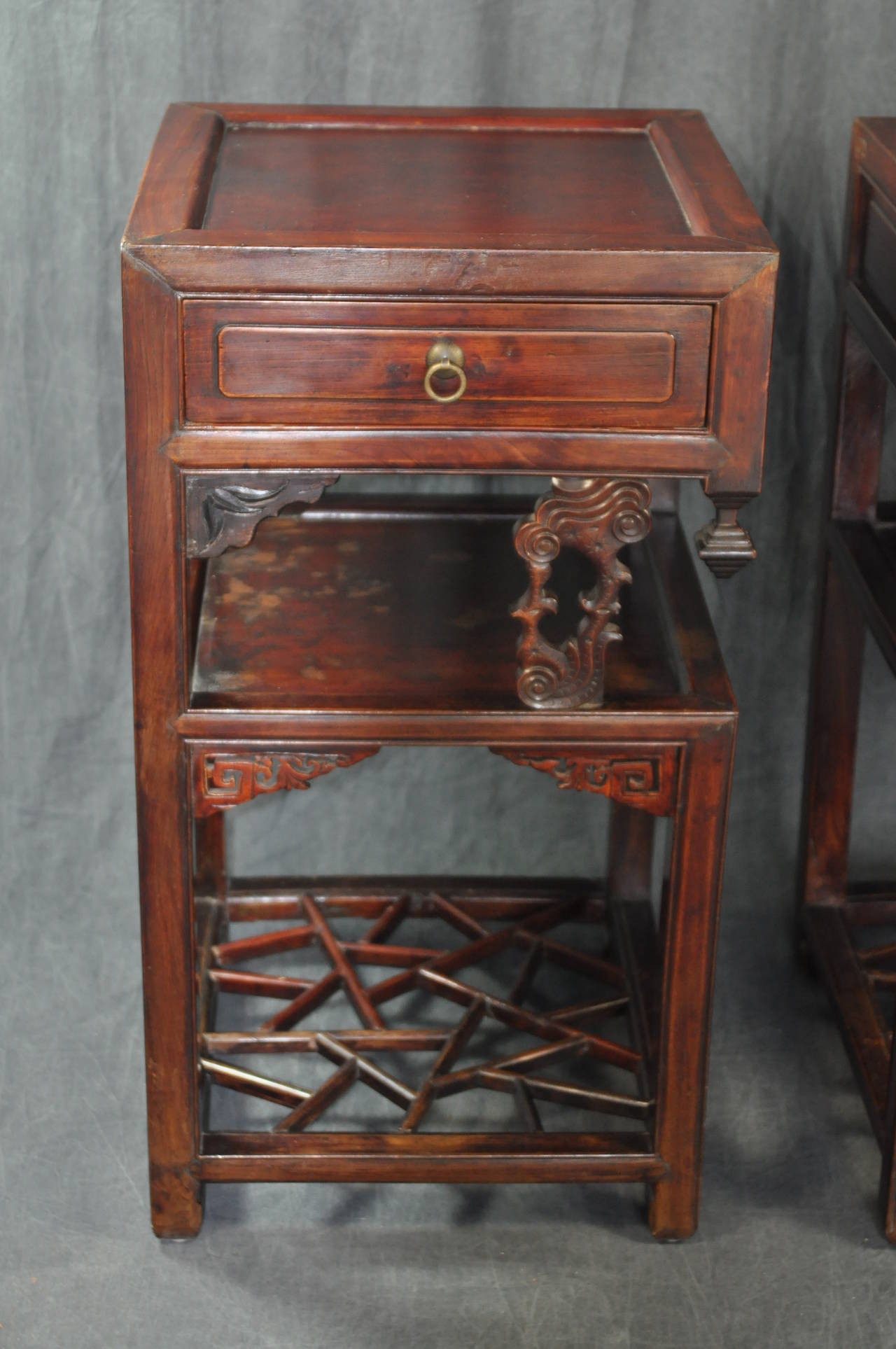 Pair of Antique Chinese Carved Wood Tea Tables In Excellent Condition For Sale In New York, NY
