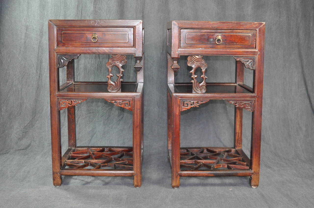 Pair of Antique Chinese Tea Tables
Shanghai Deco Tea Tables with Unusual Decorative Carving on Center Posts
One Single Drawer with Open Middle Shelf and Open Cracked Ice Bottom Shelf
Shanghai