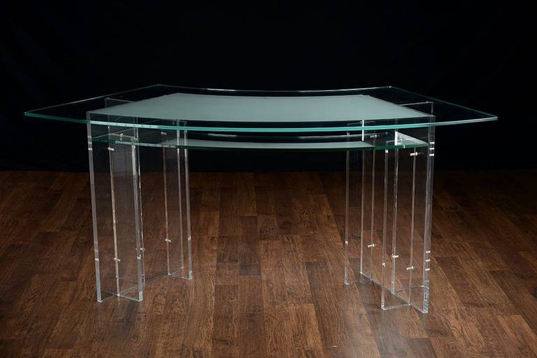 Vintage Curved Lucite and Glass Desk with Shelf.