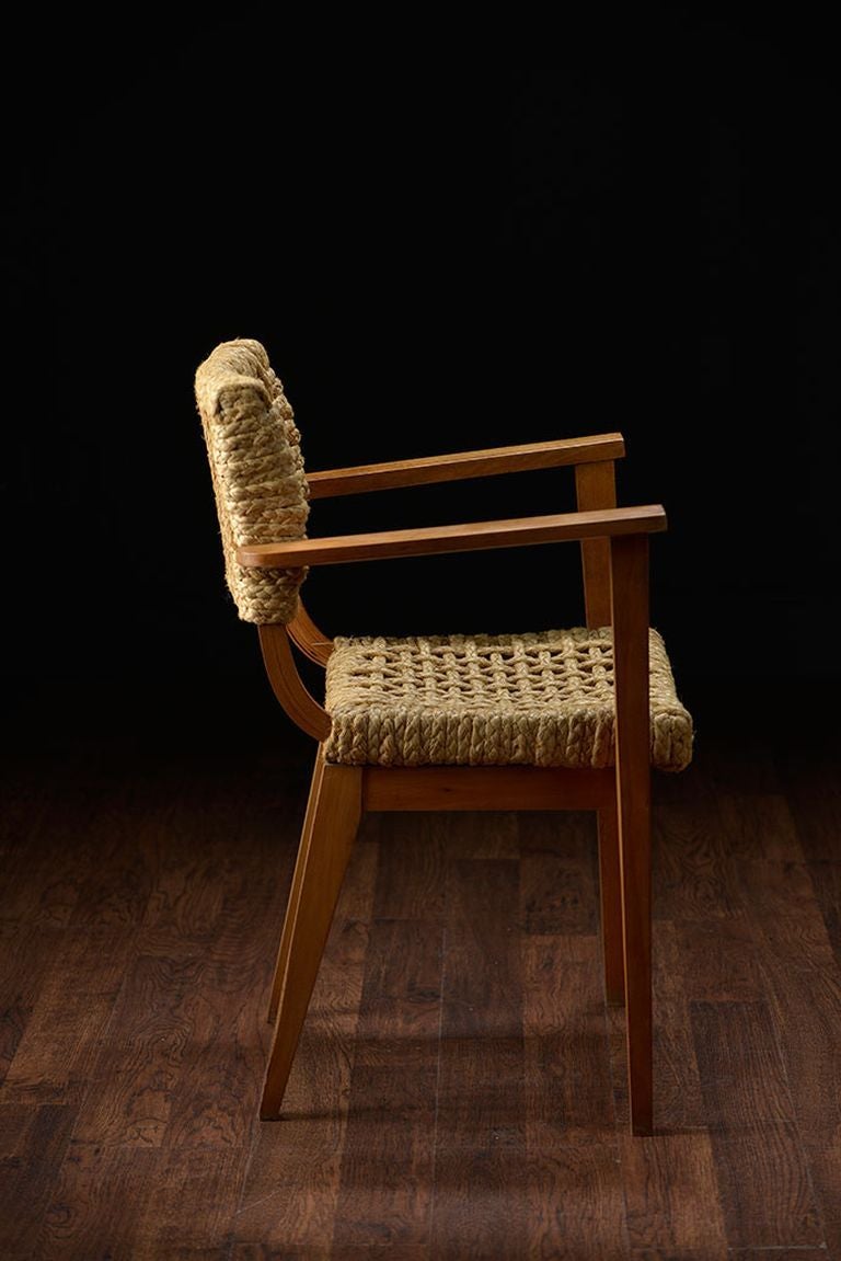 Vintage French Woven Rope Armchair with Wood Arms and Legs