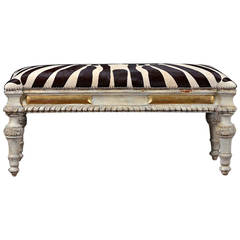 Antique Spanish Carved and Painted Zebra Cowhide Bench