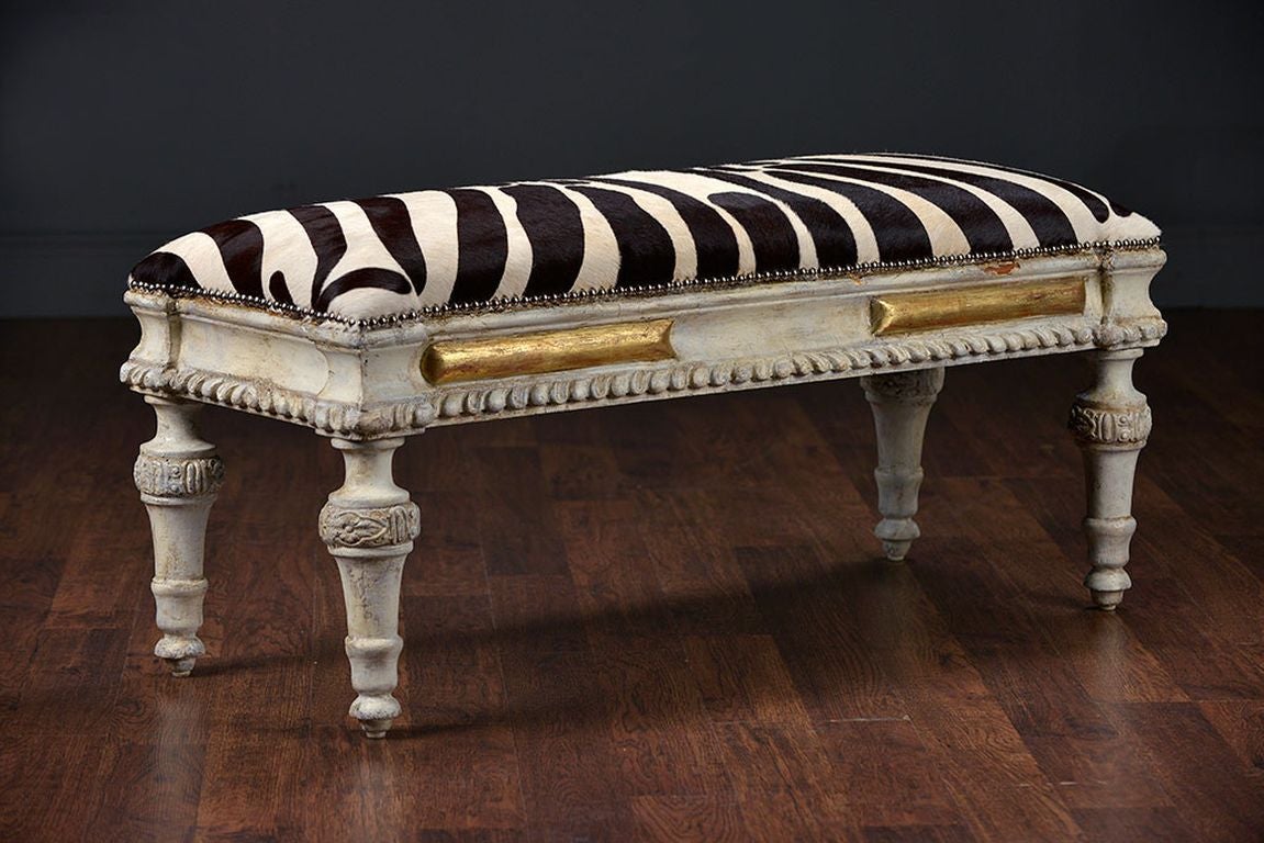 Antique Spanish Carved and Painted Zebra Cowhide Bench In Excellent Condition In New York, NY