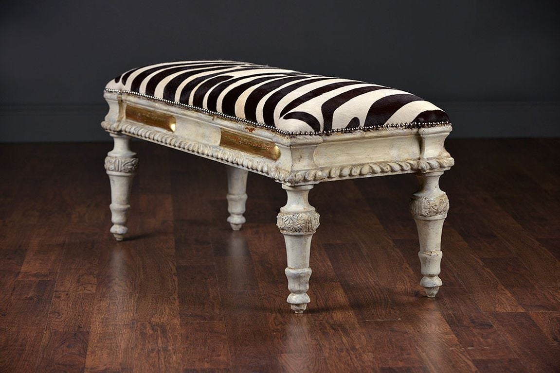 French Antique Spanish Carved and Painted Zebra Cowhide Bench