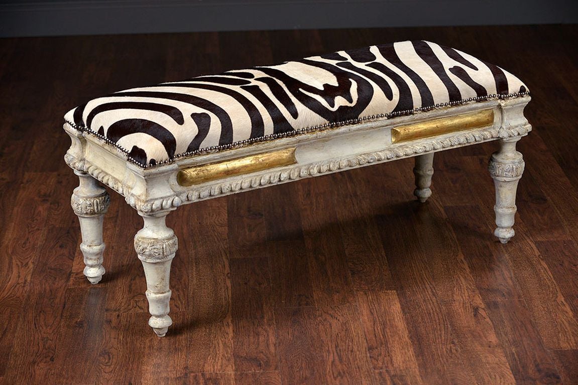 Mid-20th Century Antique Spanish Carved and Painted Zebra Cowhide Bench