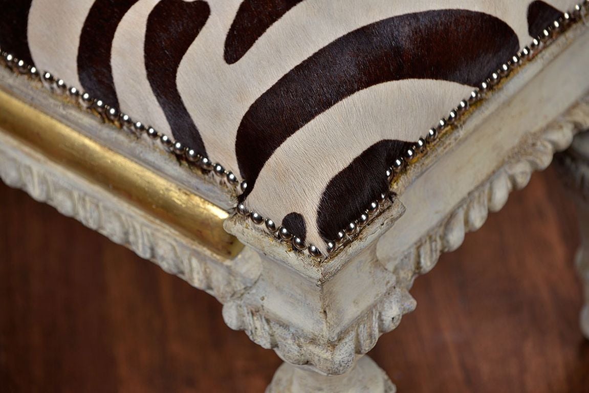 Antique Spanish Carved and Painted Zebra Cowhide Bench 3