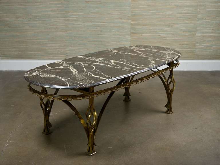 French Iron Black and White Oval Marble Top Coffee Table