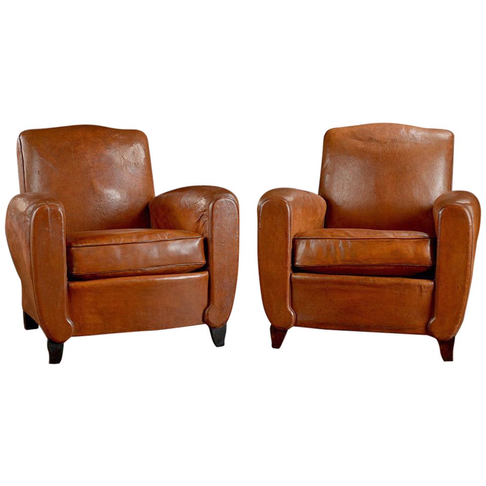 Pair of Vintage Leather Club Chairs For Sale