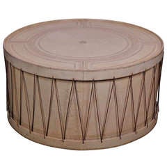 Round Vintage Italian Leather and Rope Drum Coffee Table