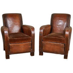 Antique French Leather and Velvet Club Chairs