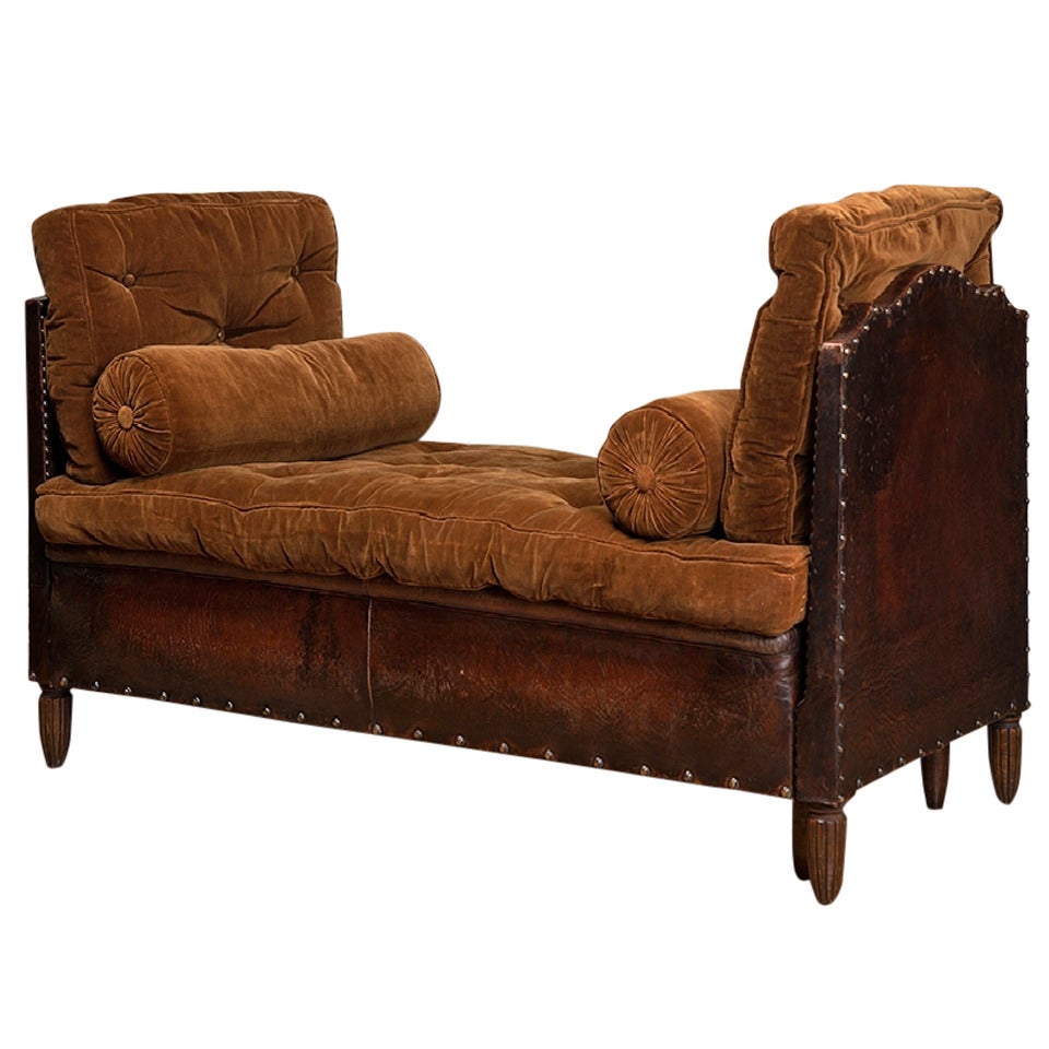 Antique French Leather and Velvet Daybed