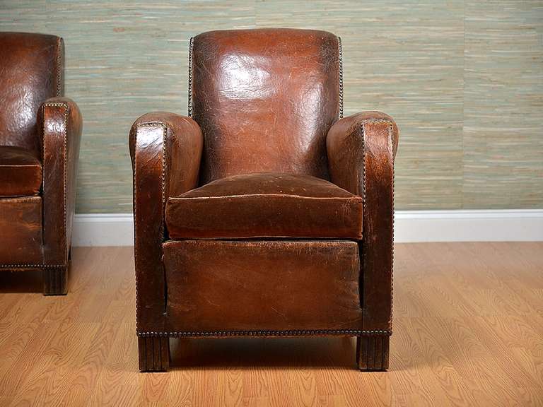Art Deco Antique French Leather and Velvet Club Chairs