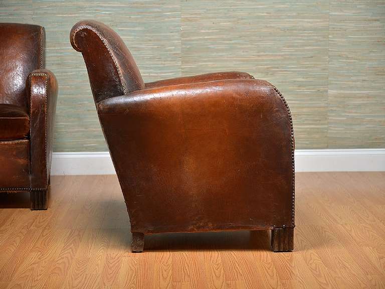 Antique French Leather and Velvet Club Chairs In Excellent Condition In New York, NY