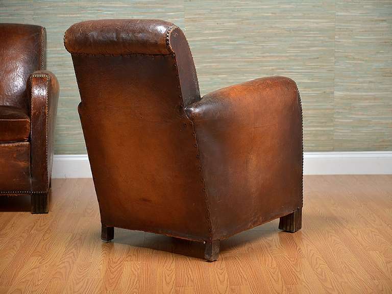 20th Century Antique French Leather and Velvet Club Chairs
