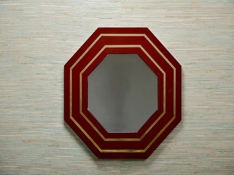 Vintage French Reddish Brown Octagonal Lacquer Mirror with Two Brass Inlaid Stripe Motif