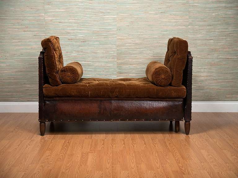 20th Century Antique French Leather and Velvet Daybed