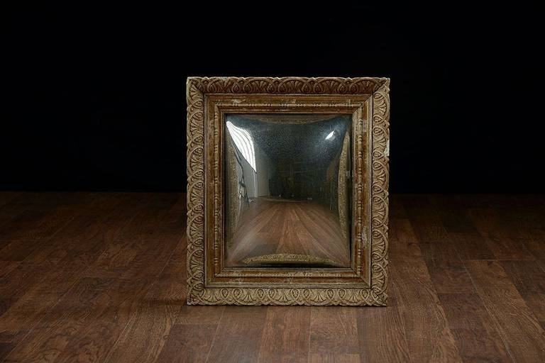 Small Antique Rectangular Convex Mirror in Carved Frame