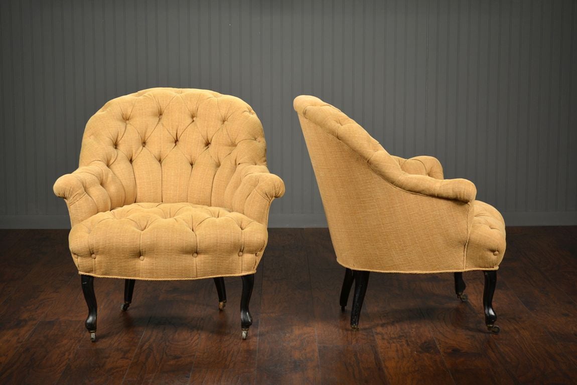 Pair of French Gold Chenille Linen Upholstered Chairs
with Tufted Back and Seat, Original Casters,