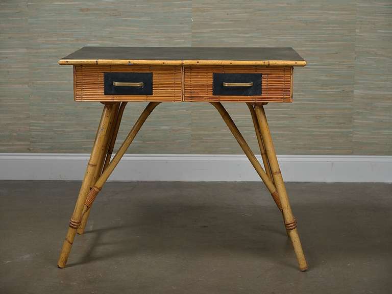 Small Vintage Reeded Bamboo Writing Desk with Leather Top and Drawer Facings, Metal Handles, Splayed Legs, French