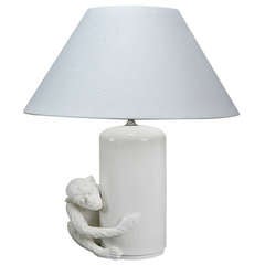 French White Ceramic Lamp with Monkey Hugging Side