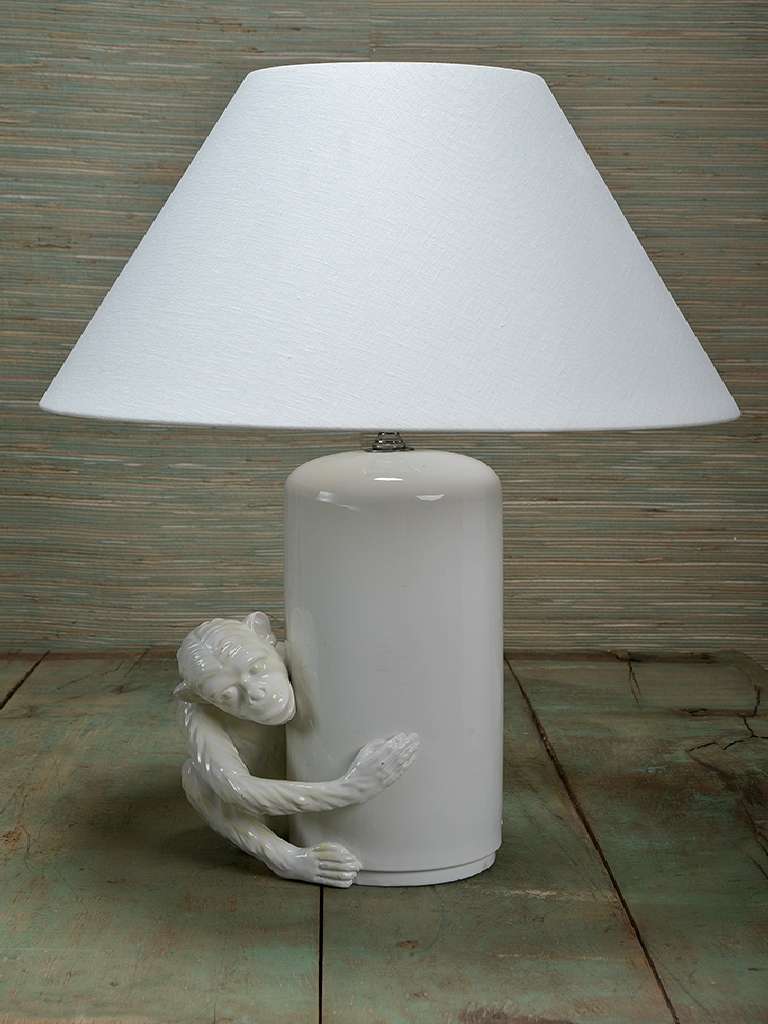 French White Ceramic Lamp with Monkey Hugging Side