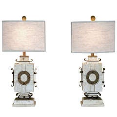 Pair of Vintage Travertine and Brass Lamps