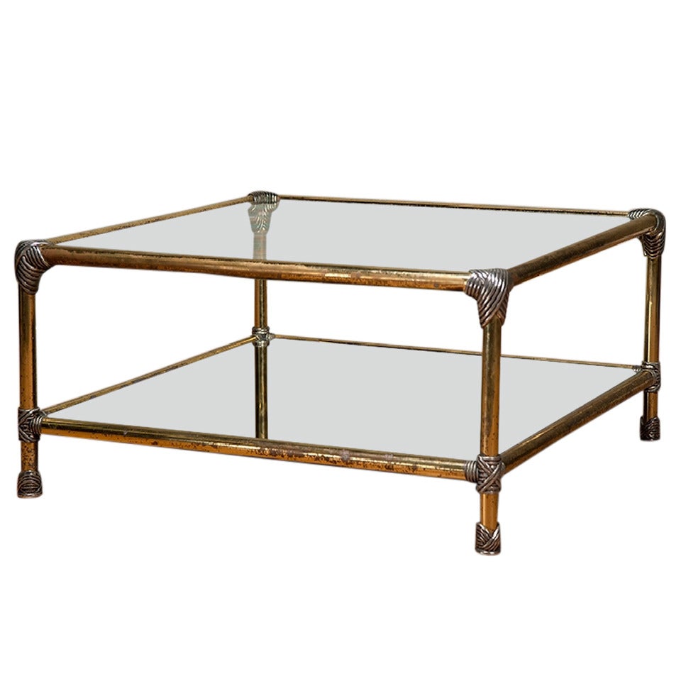 Vintage Square Two-Tier Brass and Chrome Coffee Table For Sale