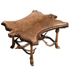 Vintage Fur-Covered Coffee Table with Antler Stretchers
