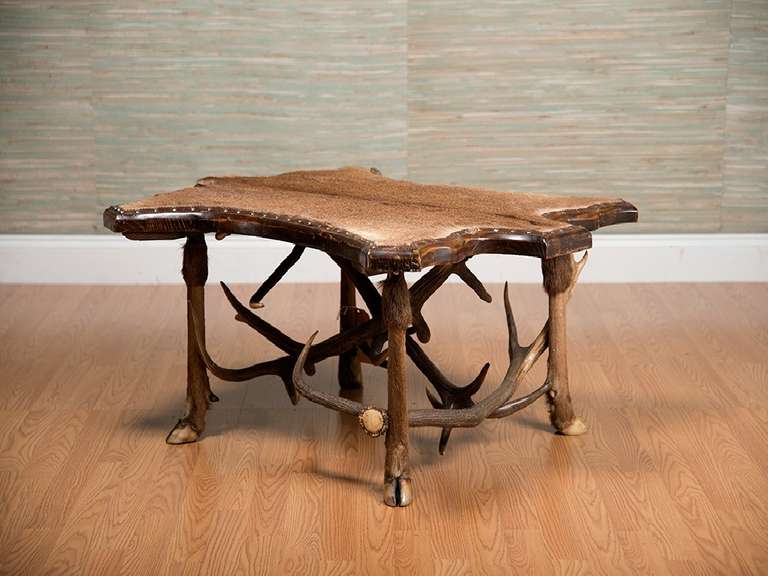 Spanish Vintage Fur-Covered Coffee Table with Antler Stretchers