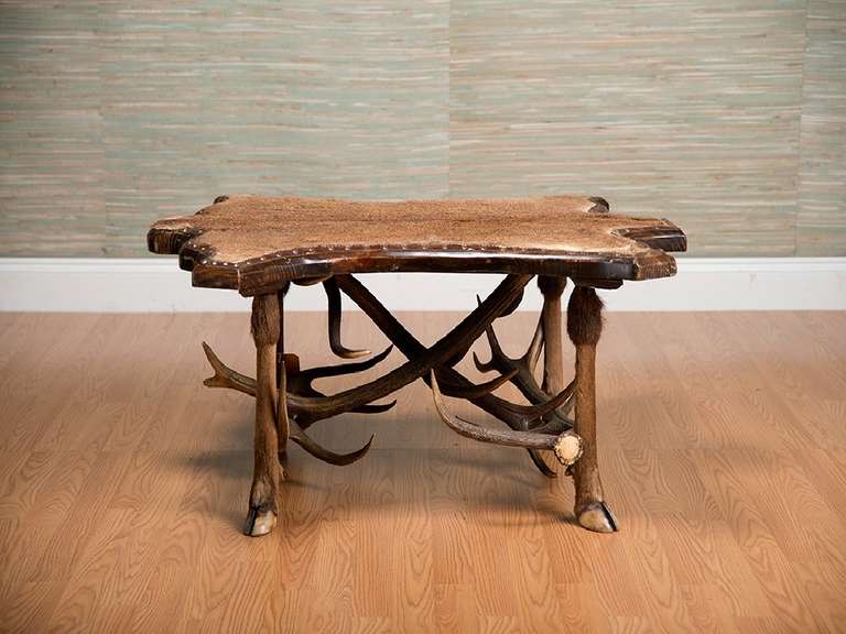Vintage Fur-Covered Coffee Table with Antler Stretchers In Excellent Condition In New York, NY