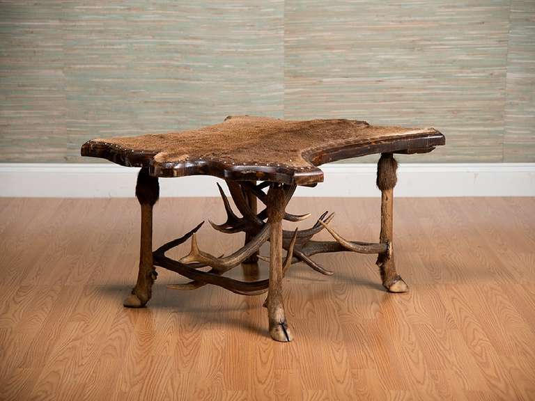 Mid-20th Century Vintage Fur-Covered Coffee Table with Antler Stretchers